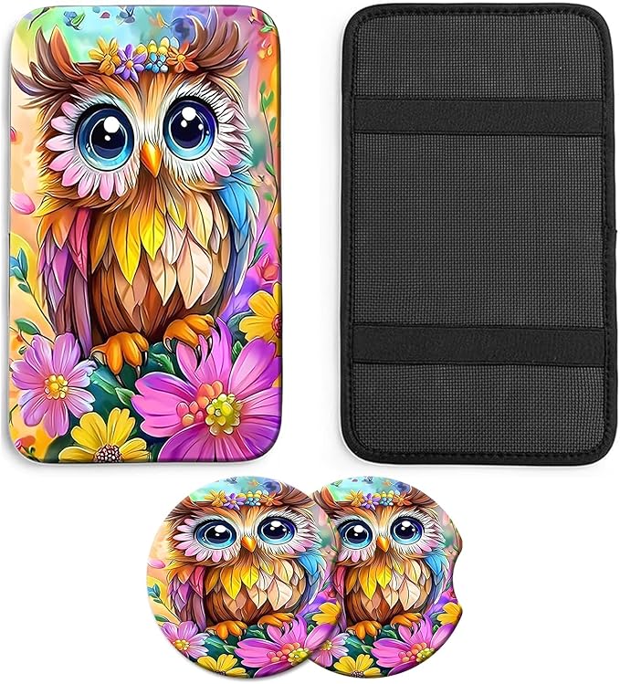 JANENFNA Car Armrest Cover Pads Universal Fashion Cute Auto Center Console Armrest Cover Pad with 2PCS Car Coasters Soft Waterproof Car Armrest Seat Protector for Women,Colorful Owl-A