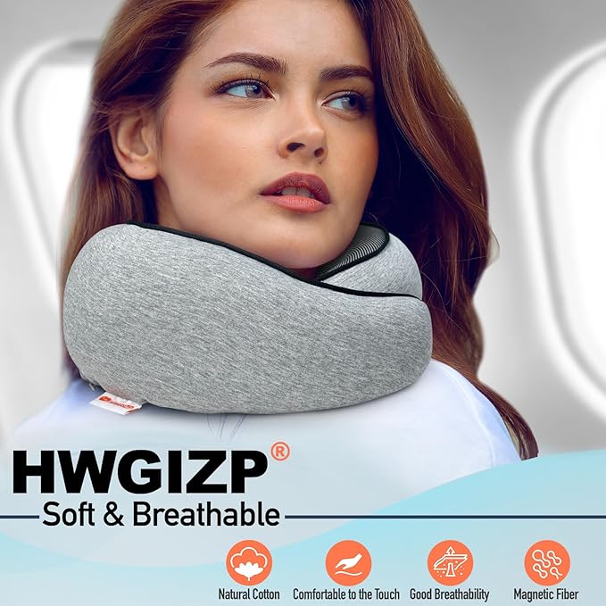 HWGIZP Travel Pillow | High-Density Memory Foam Pillow with 360° Surround Support. Ergonomically Designed. Ideal for Airplane Travel and Home Use.