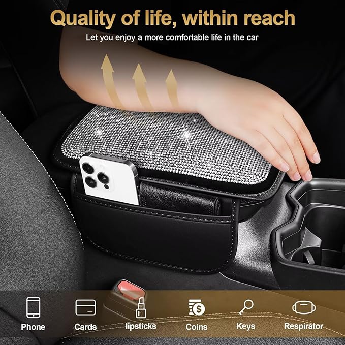 Bling Center Console Cover Fit for Toyota Venza with 2 Storage Bags Fully Diamond-Studded Style Center Console Armrest Cover with Total Protection(Silver Diamond)
