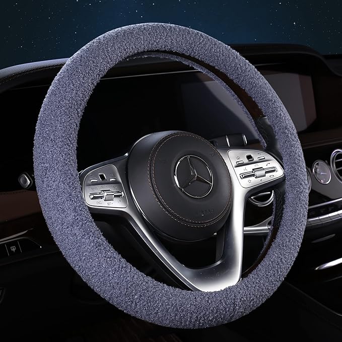 Furry Winter Car Steering Wheel Cover for Women, Soft Fleece Plush Warm Universal Auto Accessories for Jeep, Truck, Van, F150, Fuzzy, Anti Slip, Blue, Large Size, 15.2-16in