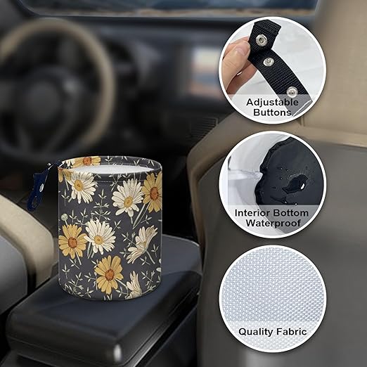 Car Trash Can with Hanging for Back Seat, Car Accessories for Women Men Automotive Garbage Cans Vehicle Trash Can for Truck SUVWihte Yellow Daisy