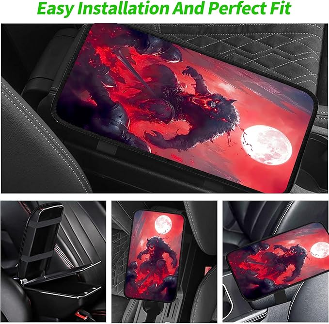 JANENFNA Car Armrest Cover Pads Universal Fashion Cute Auto Center Console Armrest Cover Pad with 2PCS Car Coasters Soft Waterproof Car Armrest Seat Protector for Women,Blood-Colored Giant Wolf