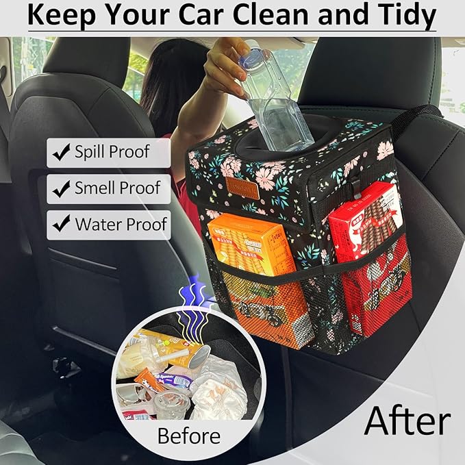 ELONGRIVER Car Trash Can Bin for Back Seat Leak Proof, Cute Car Trash Bag Hanging, Vehicle Trash Can for SUV Truck Van, Automotive Garbage Cans Front Seat Colorful Floral