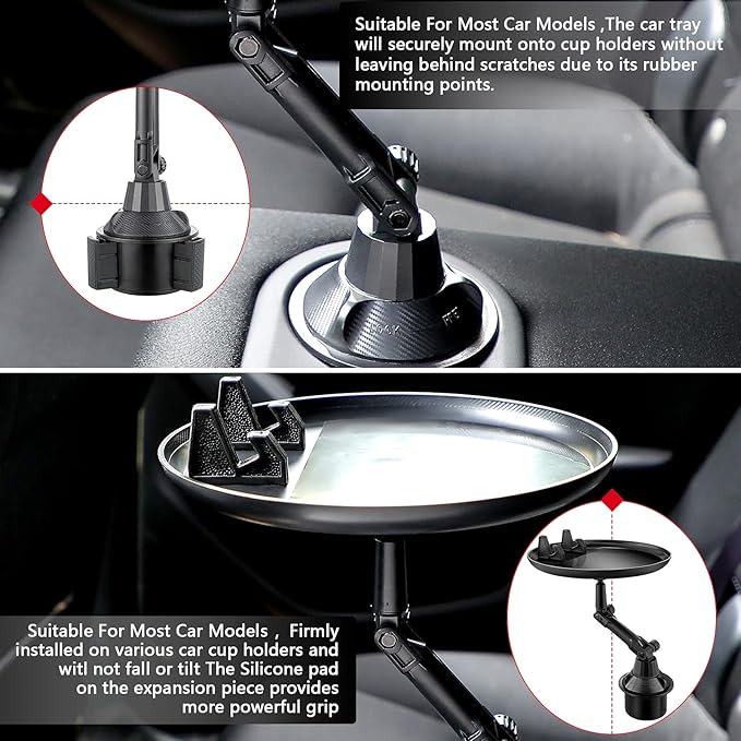 Car Cup Holder Tray for Adults Car Tray Table for Eating with Cell Phone Slot Lap for Universal Adjustable Cup Holder 360 Swivel Fits Vehicle, Boats, Golf Cart