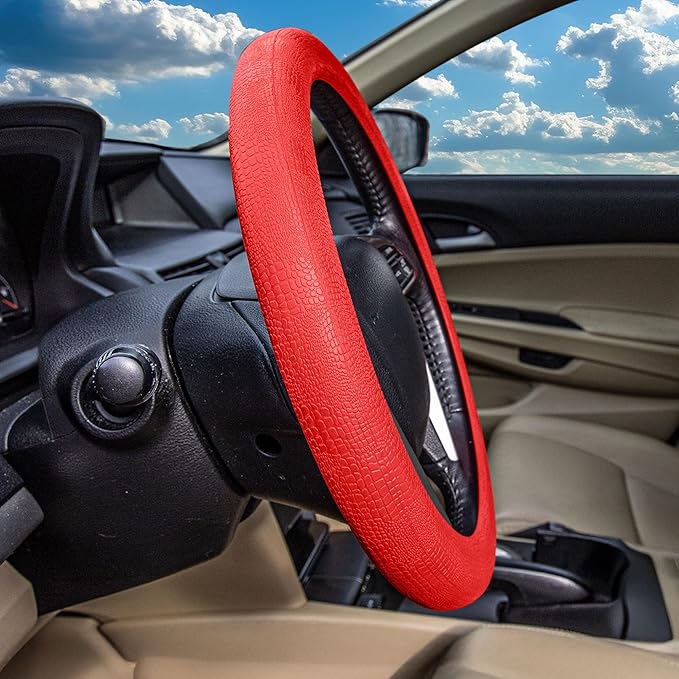 FH Group Universal Fit Silicone Snake Pattern with Massaging Grip Steering Wheel Cover fits most Cars, SUVs, Trucks, and Vans Red