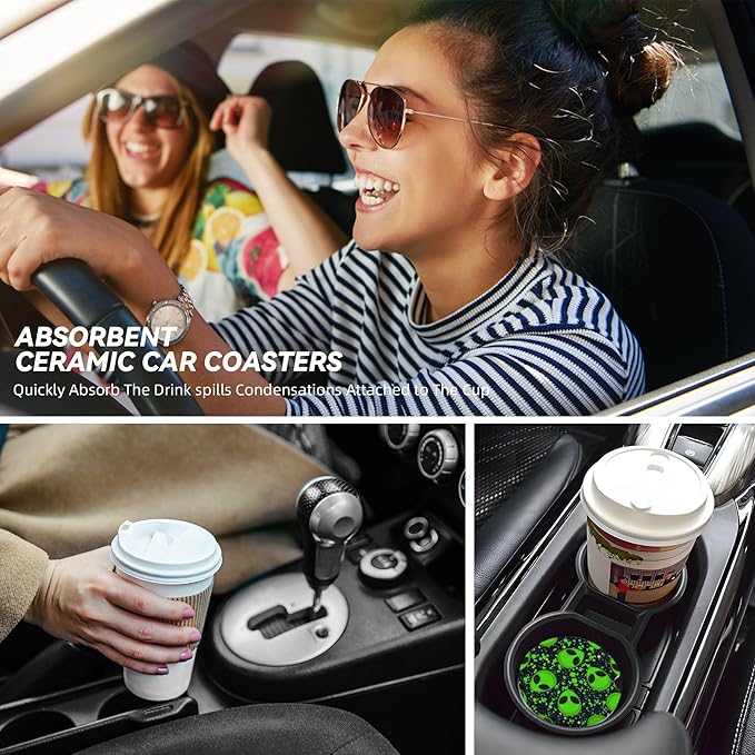 HUWAAI Alien Glaxy Sky Green Car Cup Holder Coasters 2 Pack Universal 2.63 Inch Anti Slip Ceramic Absorbent Coaster with Cork Base and Finger Notch Cute Car Accessories Interior for Women