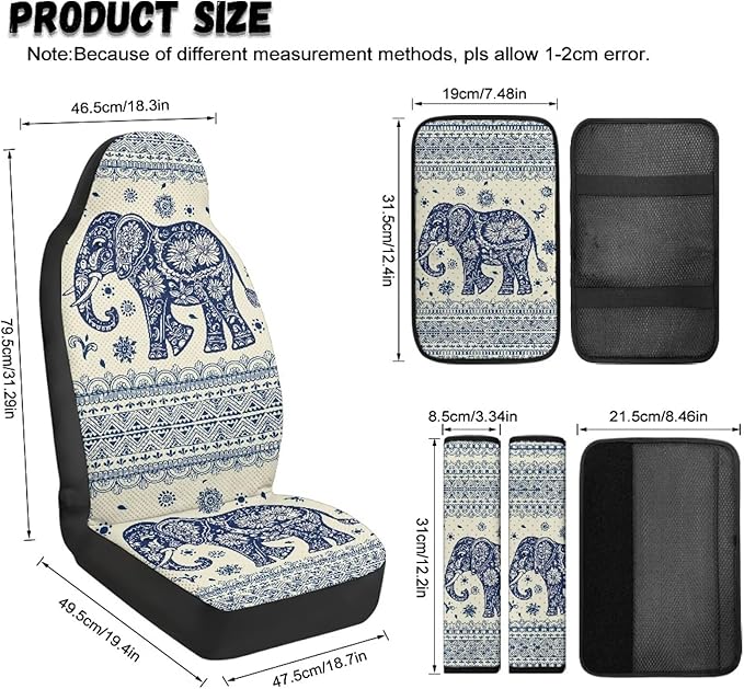 FUSURIRE Car Accessories Set, 5PCS Ethnic Elephant Pattern Vehicle Kit with PU Front Seat Covers, Seat Belt Covers & Center Armrest Pad, Universal Automotive Interior Ornament