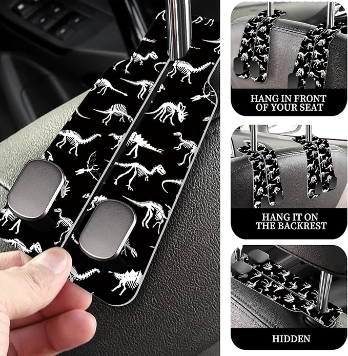AXRQLSU PU Leather Car Seat Hook, Storage Headrest Hanger, Cute Car Backseat Organizer, Car Hooks For Purses and Bags Black White Dinosaur