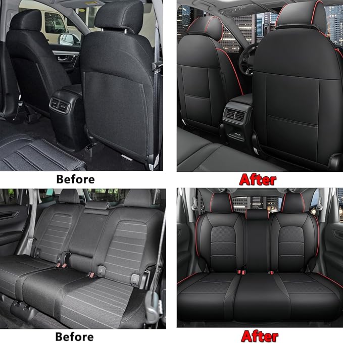 HKZ Fit CRV Car Seat Covers Full Set for Honda CR-V 2012 2013 2014 CRV LX;EX;EX-L Model - Leather (Black with Red Trim)