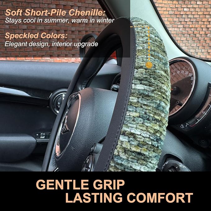 PINCTROT Large Size Chenille Leather Steering Wheel Cover, Soft Mottled Colors, Sweat-Proof, Non-Slip Grip, All-Season Comfort, 15.5-15.75 Inch(Mottled Green)