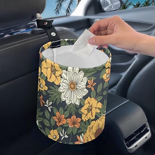 Car Trash Can with Hanging for Back Seat, Car Accessories for Women Men Automotive Garbage Cans Vehicle Trash Can for Truck SUVYellow Flowers