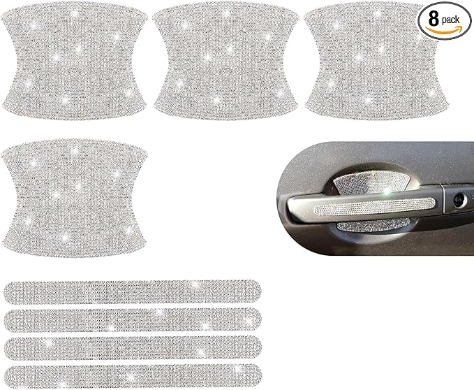 8PCS Bling Car Door Handle Protectors, Shiny Auto Doors Bowl Protective Sticker, Crystal Rhinestone Door Handle Scratch Decals, Auto Vehicle Protector Decor Covers (White)