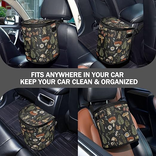 Mushrooms Car Trash Can Vintage Flower Butterfly Dragonfly Car Garbage Bag with Lid Hanging Waterproof Leak Proof Vehicle Storage Bin