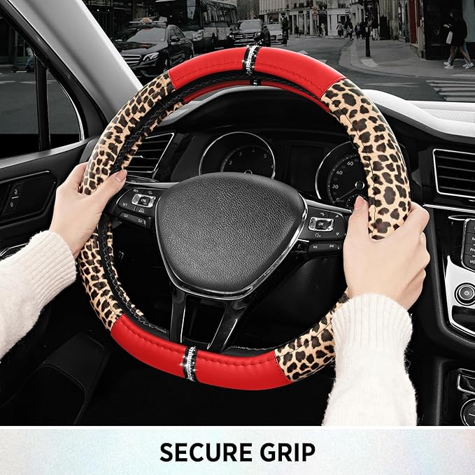 Road Comforts Leopard Steering Wheel Cover - Made with PVC Leather Cheetah Print, D-Shaped Automotive Steering Wheels - Anti-Slip, Universal Fit 14 1/2 inches to 15 inches - Red
