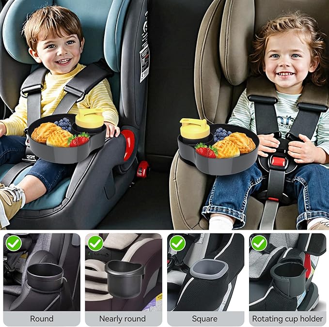 2PCS Car Seat Snack Tray for Kids: Kids Car Tray with Cup Holder, Toddlers Road Trip Essential, Travel Snacks Food Plate Cup Holder (2pcs Black)