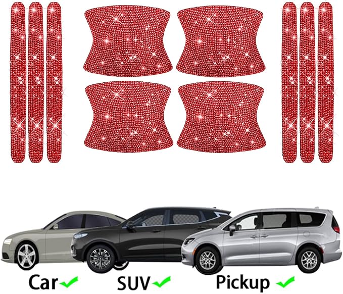 BetterJonny 10PCS Crystal Scratches Protector, Rhinestone Handle Stickers Bling Protection for Women's Car Stickers (Red)