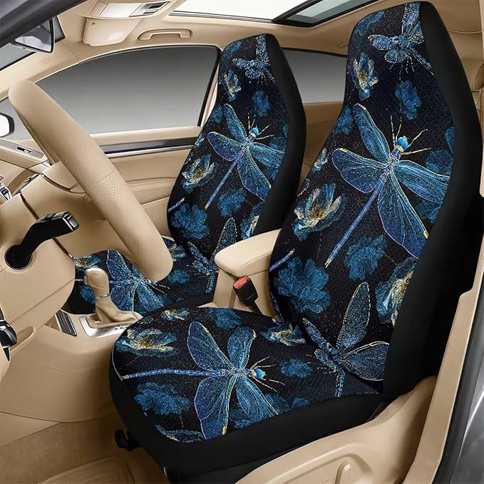 Qeluxign Dragonfly Floral 5 Piece Car Seat Covers Set for Women Men PU Leather Seat Covers Belt Pads and Armrest Cover Universal Fit Car Accessories