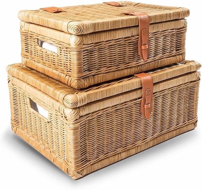 The Basket Lady Covered Wicker Storage Basket, Large, 20 in L x 14 in W x 8 in H, Sandstone