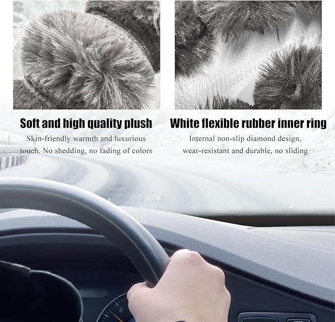 Fluffy Car Steering Wheel Cover, 14.5-15 Inches Anti-Slip Plush Fuzzy Steering Wheel Protector, Soft Warm Steering Wheel Cover Interior Decor for Women Girl, Car Accessories (Gray)