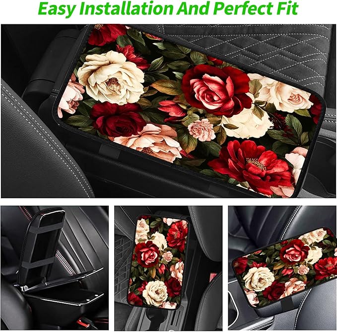 JANENFNA Car Armrest Cover Pads Universal Fashion Cute Auto Center Console Armrest Cover Pad with 2PCS Car Coasters Soft Waterproof Car Armrest Seat Protector for Women,Beautiful Roses Flowers