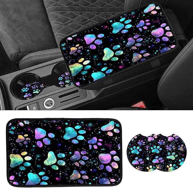 JANENFNA Car Armrest Cover Pads Universal Fashion Cute Auto Center Console Armrest Cover Pad with 2PCS Car Coasters Soft Waterproof Car Armrest Seat Protector for Women,Rainbow Paw Printz