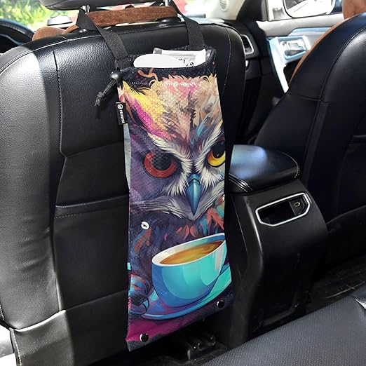 ALAZA Hanging Car Trash Bags Garbage Bag Trash Can for Back Seat Small Owl Coffee Washable Storage Bag Retractable 2 Pack
