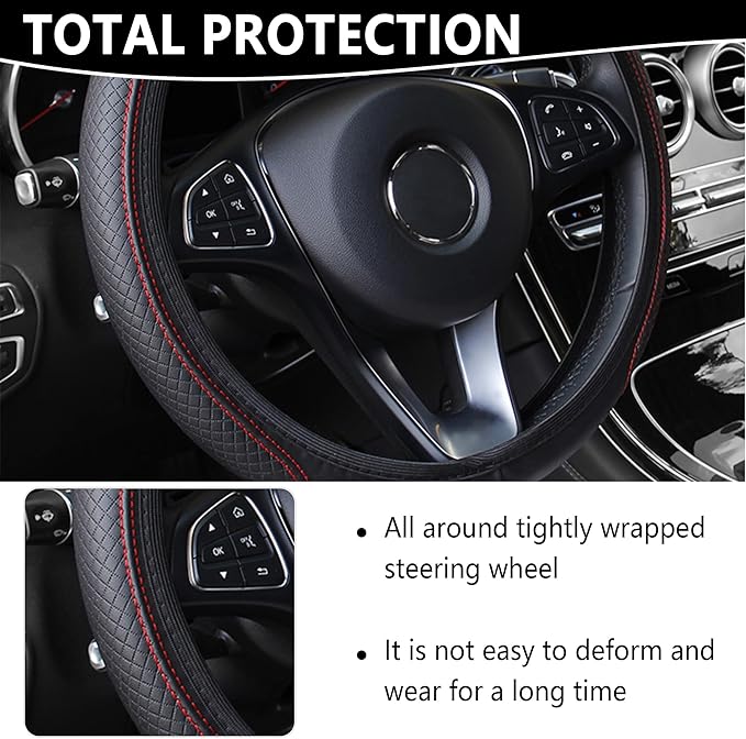 Leather Steering Wheel Cover,Anti Slip Car Steering Wheel Cover for Car Decorations & Steering Wheel Protections,Universal 15Inch Wheel Cover Car Interior Accessories for Men & Women (Black+Red)