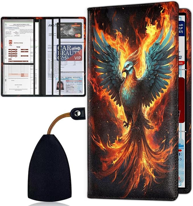 Car Document Holder with Magnetic Shut, Car Registration & Insurance Card Holder, PU Leather Glove Box Organizer Vehicle Accessories Driver License for Women/Men, Phoenix Bird Risen From the Ashes