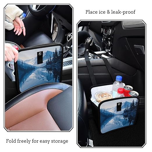 Car Trash Can Organizer Bin with Adjustable Strap for Back Front Seat Console Waterproof Leakproof Collapsible Portable 8.66 Inch Winter Blue Mountain and Mirrored Lake