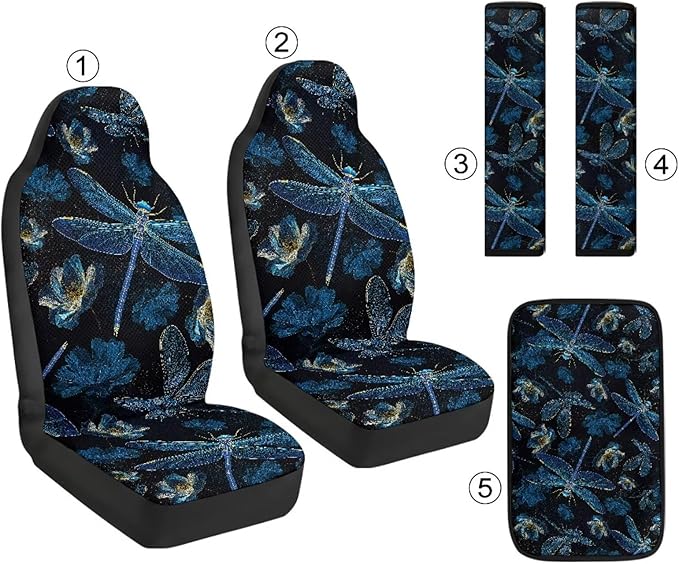 Qeluxign Dragonfly Floral 5 Piece Car Seat Covers Set for Women Men PU Leather Seat Covers Belt Pads and Armrest Cover Universal Fit Car Accessories