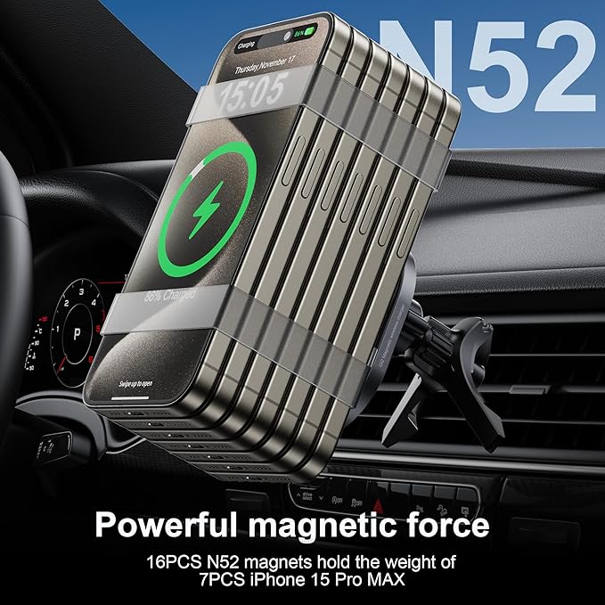for Qi2 15W MagSafe Car Mount Charger,Dash & Vent Wireless Cars Mount Charger Phone Holder Mounts for iPhone Air/17/16/15/14/13/12, Galaxy S25, Fast Charging for Magnetic iPhone Car Accessories