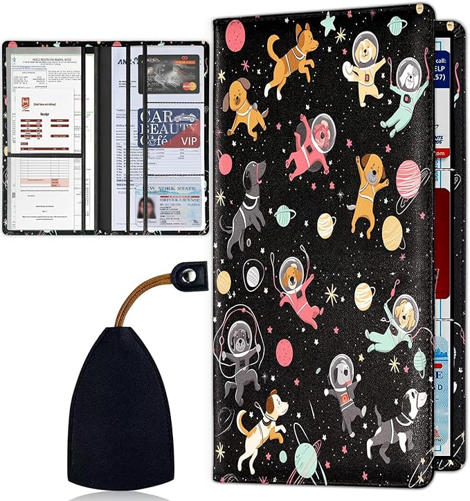 Car Registration Holder, Waterproof PU Leather Vehicle Card Document Glove Box Organizer, Women Interior Auto Accessories Case for Cards, Driver License Car Insurance Holder, Space Dog Cute Animal