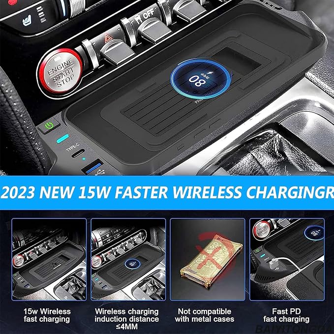 2023 Upgraded Version Wireless Car Charger for Ford Mustang 2015-2022, Center Console Wireless Charging Tray Qi Wireless Charging Station with USB Port