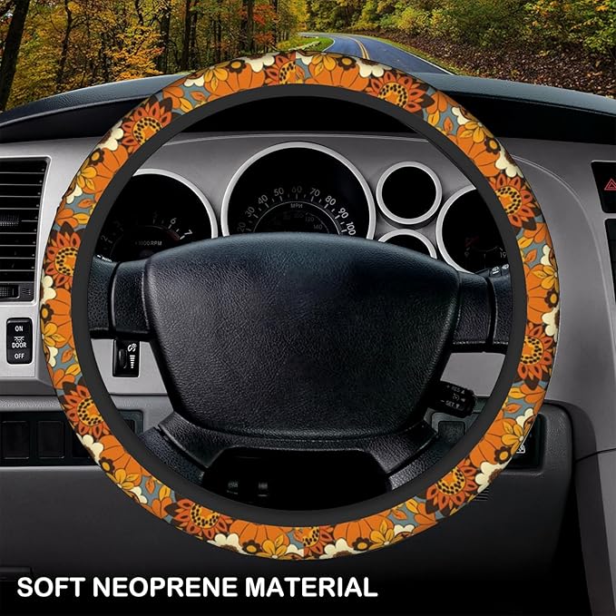 Bohemian Flowers Elastic Steering Wheel Cover, Non-Slip Breathable Neoprene Steering Wheel Covers, Women Car Accessories, Universal 15 Inch Fit Auto, Suvs, Truck