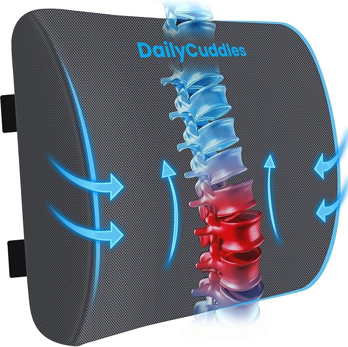DailyCuddles Lumbar Support Pillow for Office Chair Back Support - Memory Foam Lumbar Pillow for Car or Gaming Chair, Ergonomic Back Cushion with Adjustable Strap for Long-Hour Sitting (Grey,X-Large)