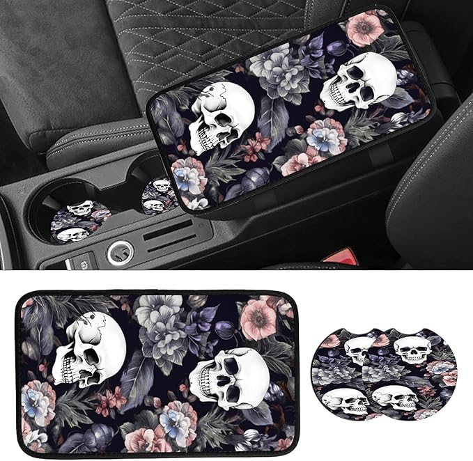 JANENFNA Car Armrest Cover Pads Universal Fashion Cute Auto Center Console Armrest Cover Pad with 2PCS Car Coasters Soft Waterproof Car Armrest Seat Protector for Women,Skulls Flowers