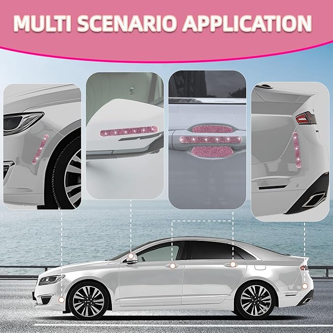 10 pcs Bling Diamond Car Door Handle Stickers, Bling Car Accessories for Women, Universal Rhinestone Crystal Glitter Door Handle Protector Stickers and Decals, Scratch Safety Reflective (Pink)