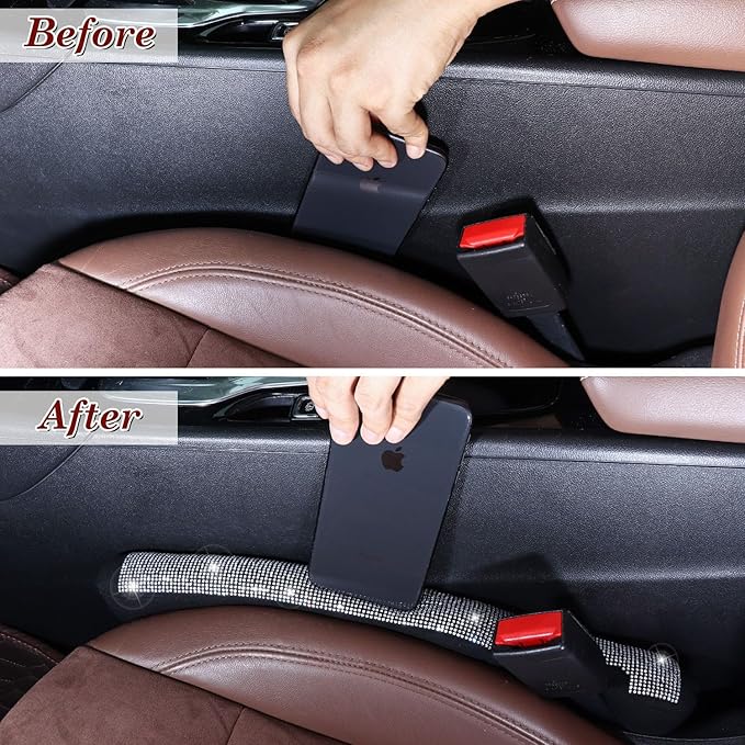 ToBeQueen Bling Car Seat Gap Filler Universal Fit for Car SUV Truck, Set of 2 Handmade Crystal Diamond Rhinestone Seat Gap Blocker Bling Car Accessories for Women(Silver)