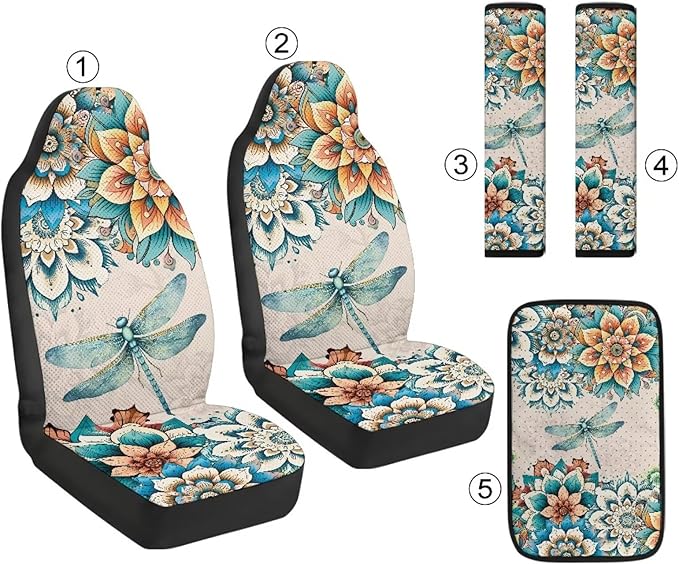 Psesaysky 5-Piece Car Accessories Set, Boho Flower Dragonfly Universal Fit PU Leather Seat Covers with Seatbelt Pads and Armrest Cover for Cars, Trucks, SUVs, Vehicle Decor