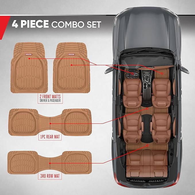 Motor Trend Original FlexTough Beige Rubber Car Floor Mats for 3 Row Vehicles, Front & Rear 2nd Row Deep Dish All Weather Automotive Heavy Duty Trim to Fit, Automotive Liners for Cars Truck Van SUV