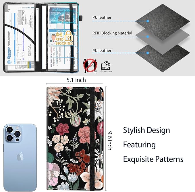 Qindaiwen Car Registration and Insurance Holder, Vehicle Card Document Elastic Band Closure Glove Box Organizer, Driver License Cards, Car Accessories for Essential Info, Flower Pattern 02