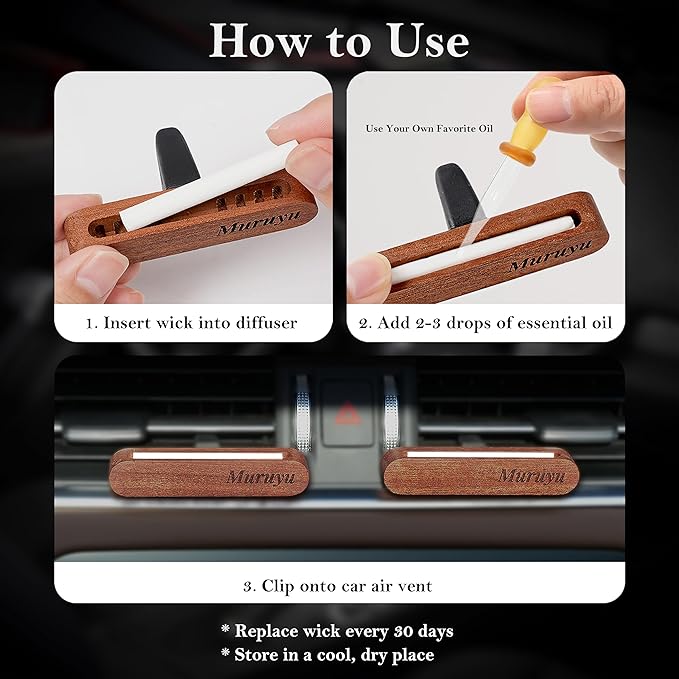 Muruyu [2-Pack] Natural Sapele Wood Car Diffuser with Vent Clip, Refillable Car Air Freshener for your own Essential Oils (No Oils Included), Premium Auto Interior Accessories