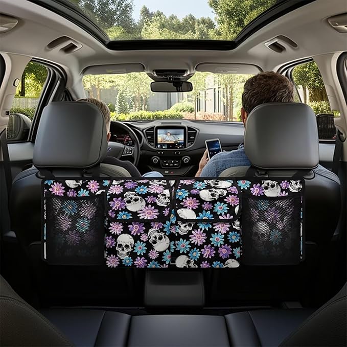 Trunk Hanging Organizer, Backseat Bag, Car Interior Accessories Decoration with Pocket for Groceries, Provide Storage Space for SUV, Jeep, MPVs,Black Skull Floral Punk