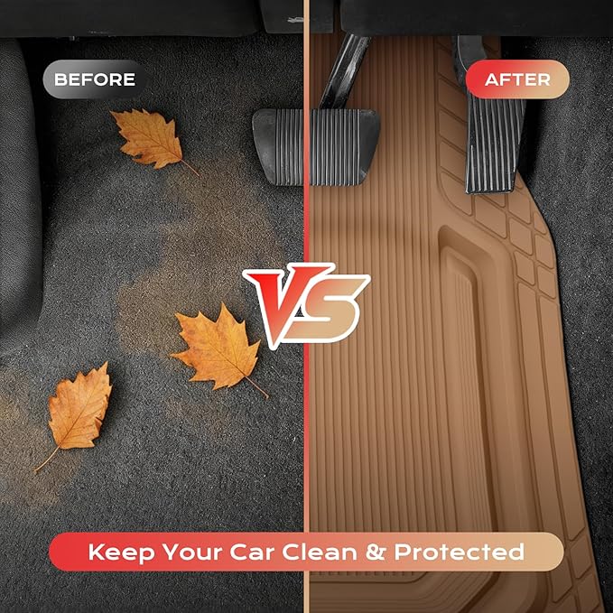 Coverado Car Floor Mats Heavy Duty, Deep Dish All-Weather Beige Mats, Universal Waterproof Trim to Fit Automotive Mats for Cars SUV Trucks, Durable Floor Liner Car Accessories, Full Sets, 3pcs