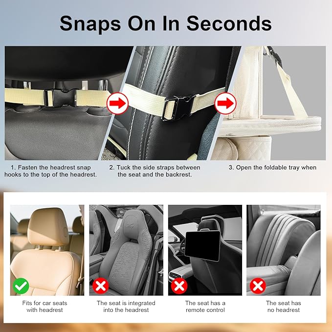 Rosynee Car Backseat Organizers 2 Pack with Foldable Trays - PU Leather Back Seat Organizers with 11 Storage Pockets, Tablet Holders, Seat Back Protectors for Kids Family Travel Accessories (Beige)