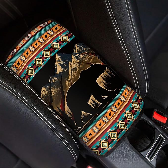 Horeset Aztec Brown Bear Car Armrest Cover Center Console, Auto Arm Rest Seat Protection Interior Accessories Fit Most Vehicle