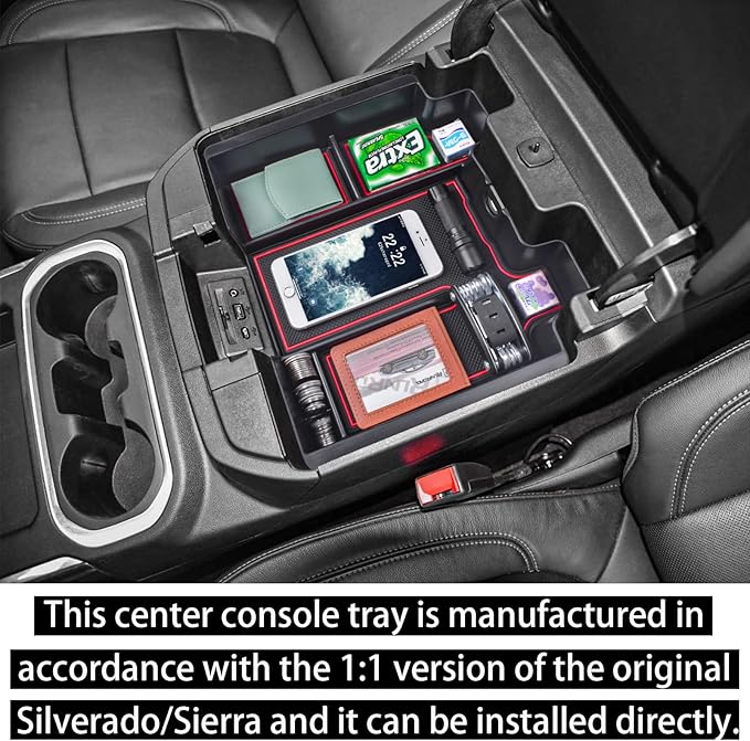 RUNROAD Center Console Organizer Tray Compatible with 2019-2022 Chevy Silverado 1500/GMC Sierra 1500 and 20-23 Silverado/Sierra 2500HD/3500HD Accessories, Full Console with Bucket Seats ONLY, Red