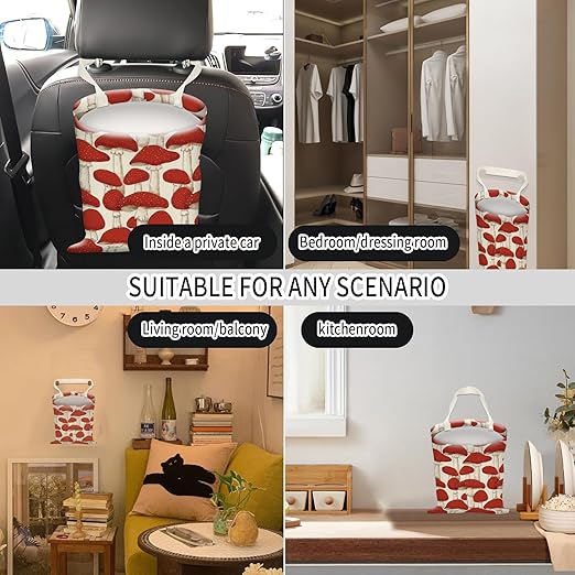 Car Trash Can, Hanging Garbage Bin for Men and Women, Cute Car Organizer and Storage Bag, Canvas Vehicle Trash Can Bag Easy-to-Install Cute Red Mushroom
