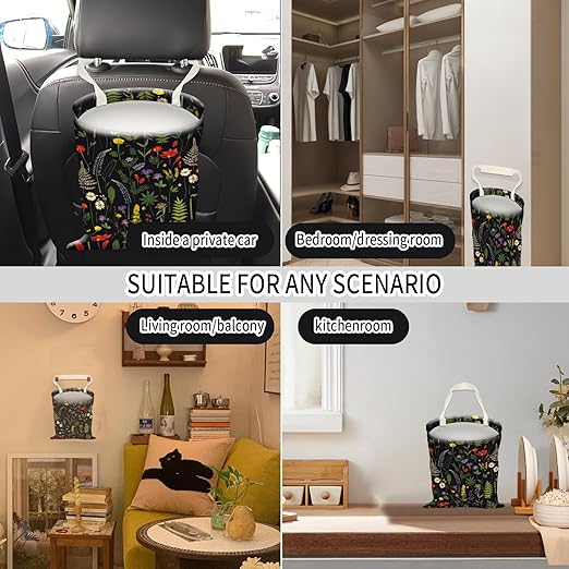 AUEKLLW Car Trash Can, Hanging Garbage Bin for Men and Women, Cute Car Organizer and Storage Bag, Canvas Vehicle Trash Can Bag Easy-to-Install Cute Black Floral