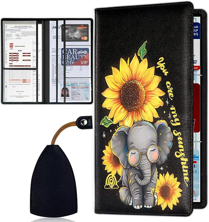 Car Registration and Insurance Card Holder for Women Men, Waterproof PU Leather Glove Box Car Organizer with Magnetic Shut, Vehicle Document Holder for Driver License, Cute Baby Elephant+ Sunflower